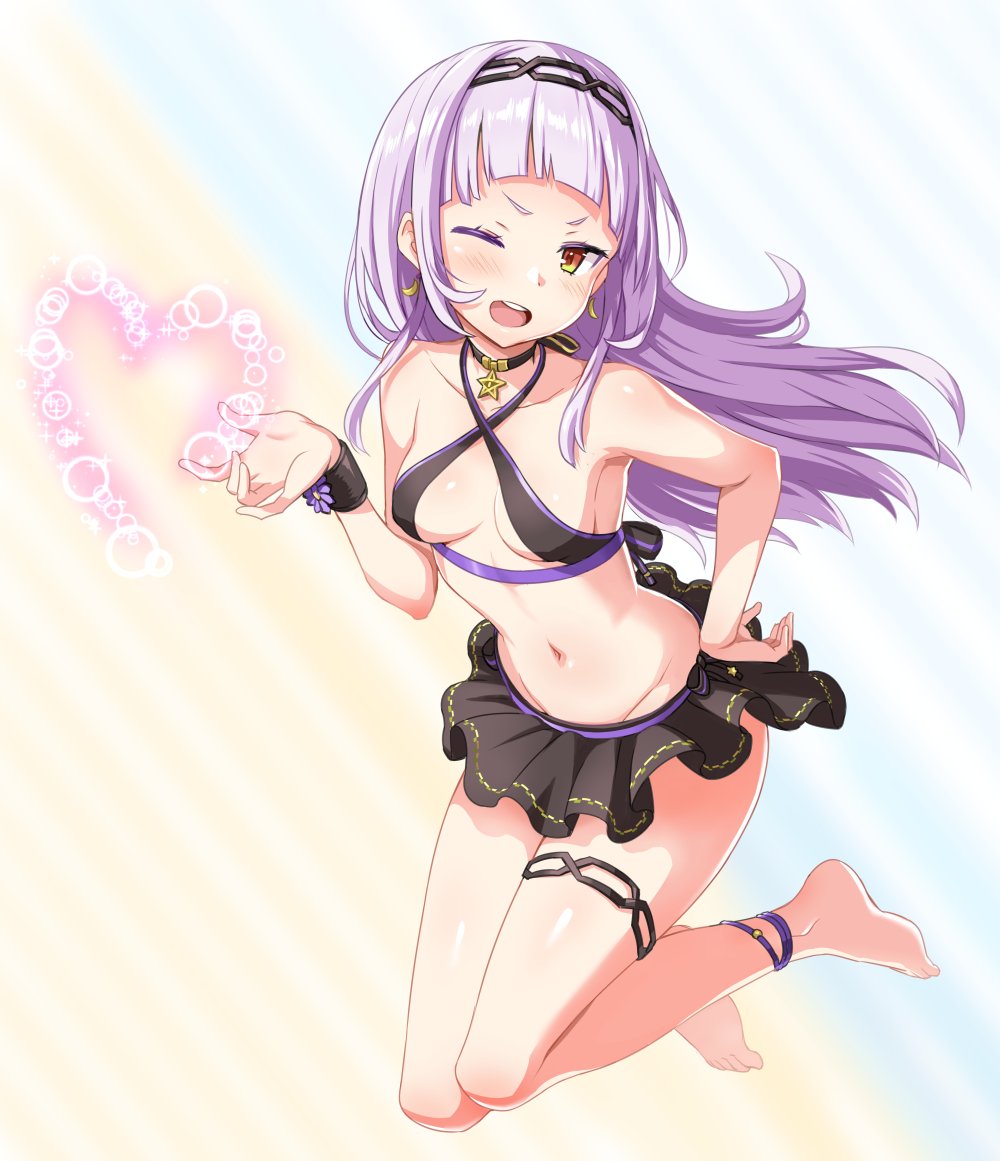 1girl bikini blush breasts collarbone commentary earrings full_body groin headband hololive jewelry lavender_hair long_hair looking_at_viewer magic murasaki_shion navel necklace one_eye_closed open_mouth skirt small_breasts solo swimsuit virtual_youtuber yellow_eyes zaxwu