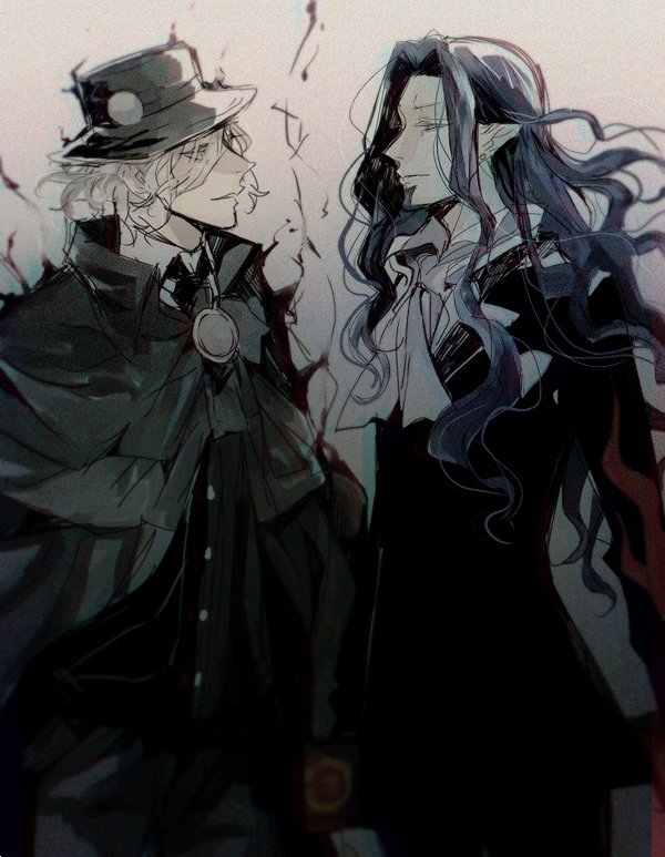 2boys beard blue_hair blue_skin cloak count_of_monte_cristo cravat earrings edmond_dantes_(fate/grand_order) facial_hair fate/grand_order fate_(series) fedora floating_hair formal gankutsuou hair_over_one_eye half-closed_eyes hat jewelry long_hair looking_at_another male_focus multiple_boys pointy_ears rata_to short_hair suit wavy_hair white_hair