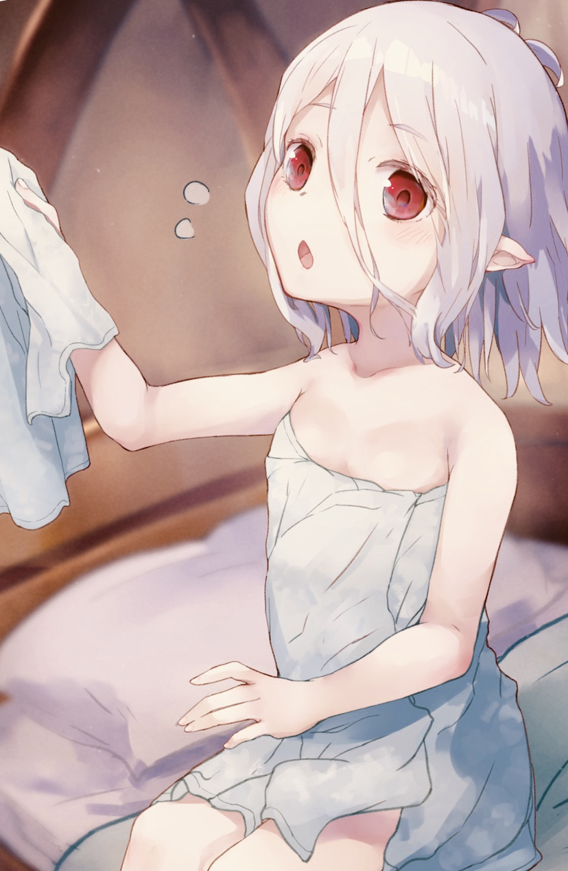 1girl antenna_hair bangs bare_arms bare_shoulders bed blurry blurry_background blush breasts collarbone commentary_request depth_of_field eyebrows_visible_through_hair fingernails flying_sweatdrops hair_between_eyes highres holding holding_towel kokkoro_(princess_connect!) looking_away naked_towel nishi_yasuaki on_bed open_mouth pointy_ears princess_connect! princess_connect!_re:dive red_eyes silver_hair sitting sitting_on_bed small_breasts solo towel