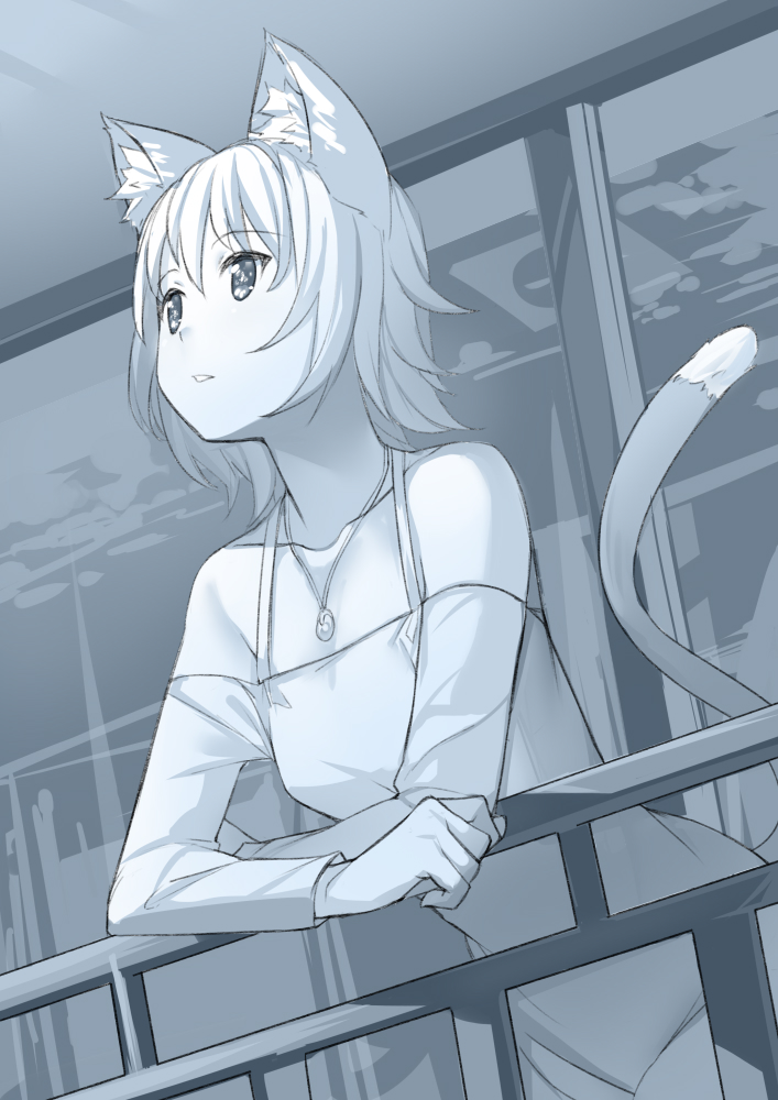 1girl against_railing animal_ear_fluff animal_ears bangs bare_shoulders blush cat_ears cat_girl cat_tail collarbone copyright_request dress eyebrows_visible_through_hair greyscale hair_between_eyes leaning_forward long_sleeves looking_away monochrome off-shoulder_dress off_shoulder parted_lips railing saiste short_hair solo tail tail_raised window
