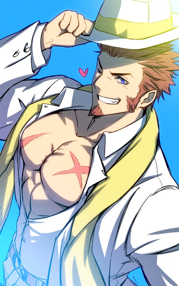 1boy abs bara beard blue_eyes blush brown_hair bursting_pecs chest facial_hair fate/grand_order fate_(series) hat heart holding holding_hat long_sleeves looking_at_viewer male_focus muscle napoleon_bonaparte_(fate/grand_order) one_eye_closed open_clothes pants pectorals scar scarf simple_background smile solo upper_body waku_(ayamix)