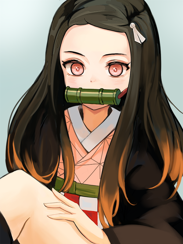 1girl bamboo bit_gag black_hair brown_hair commentary_request forehead gag hair_ribbon japanese_clothes kamado_nezuko kimetsu_no_yaiba kimono long_hair long_sleeves looking_at_viewer moth1 mouth_hold multicolored_hair pink_eyes pink_kimono pink_ribbon ribbon solo