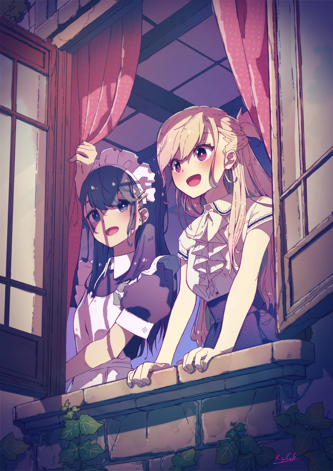 2girls bangs black_eyes black_hair blonde_hair blush curtains day dress hair_ornament hairclip highres ivy kagawa_yuusaku long_hair looking_at_another maid maid_headdress multiple_girls open_mouth open_window original pinafore_dress puffy_short_sleeves puffy_sleeves red_eyes short_sleeves window