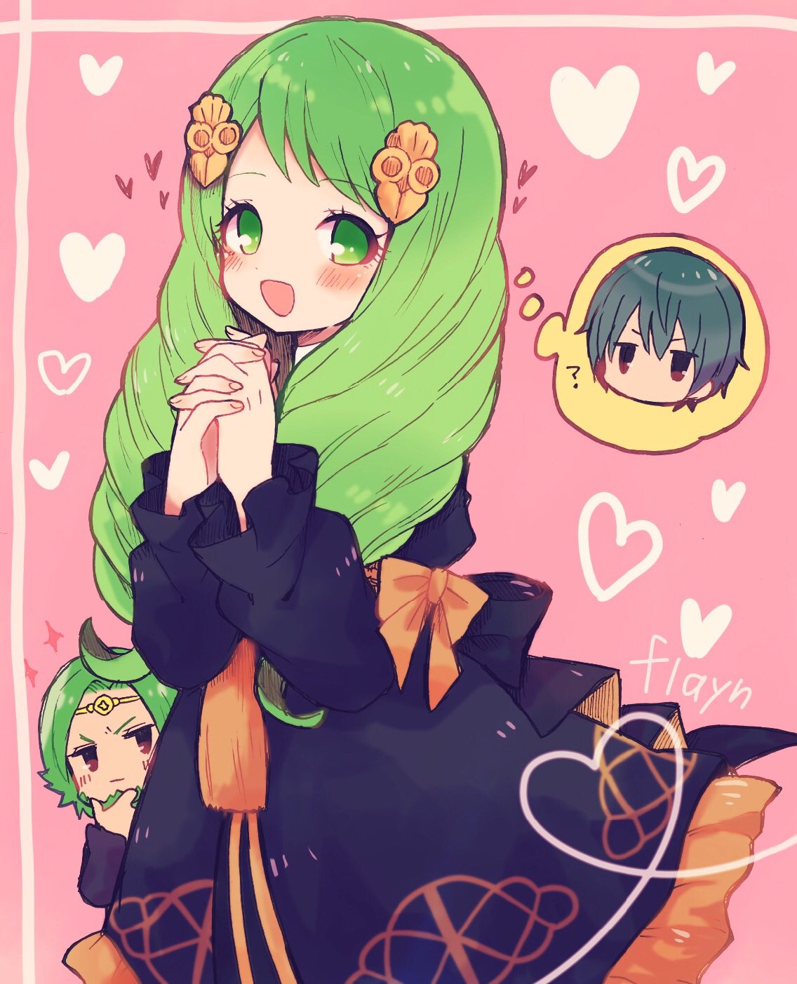 1girl 2boys blue_hair bow brother_and_sister byleth_(fire_emblem) byleth_eisner_(male) character_name closed_mouth fire_emblem fire_emblem:_three_houses flayn_(fire_emblem) green_eyes green_hair hair_ornament hands_clasped heart highres interlocked_fingers long_hair long_sleeves multiple_boys open_mouth own_hands_together pink_background seteth_(fire_emblem) short_hair siblings simple_background uniform yataba_888