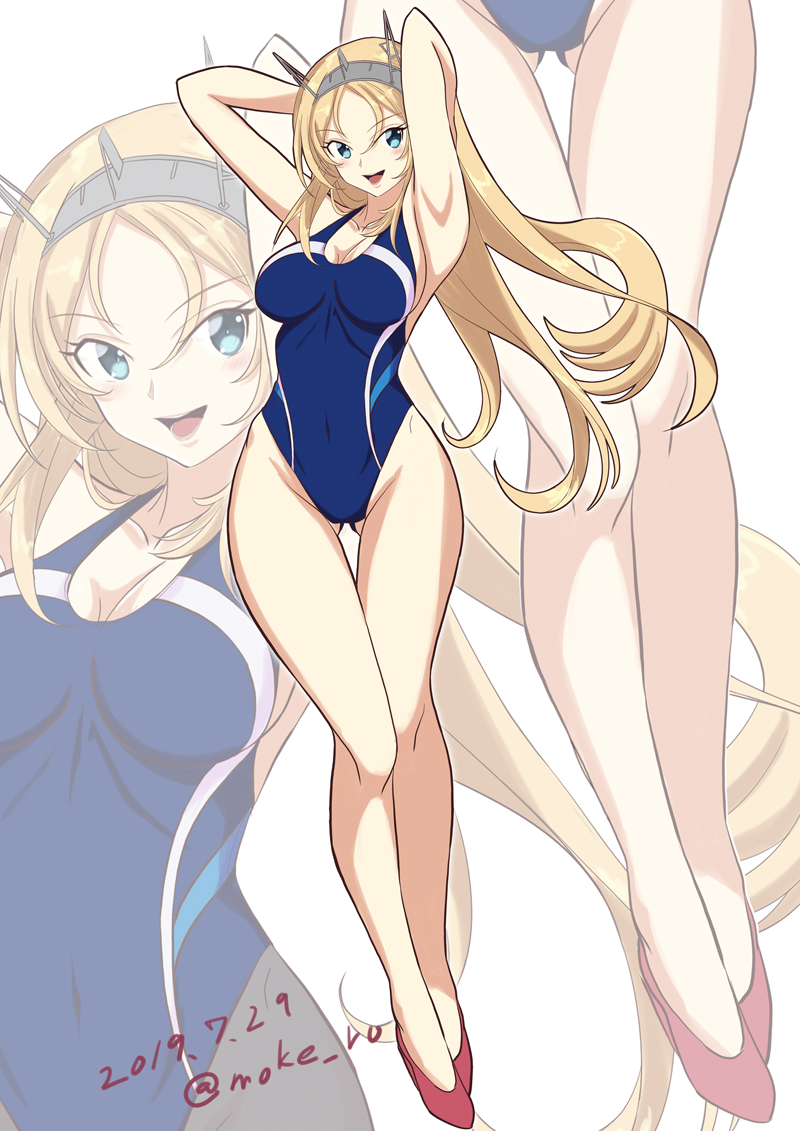 1girl arms_behind_back arms_up bare_legs blonde_hair blue_eyes blue_swimsuit commentary_request competition_swimsuit dated headgear highleg highleg_swimsuit kantai_collection long_hair looking_at_viewer mokerou nelson_(kantai_collection) one-piece_swimsuit red_footwear smile solo swimsuit twitter_username zoom_layer