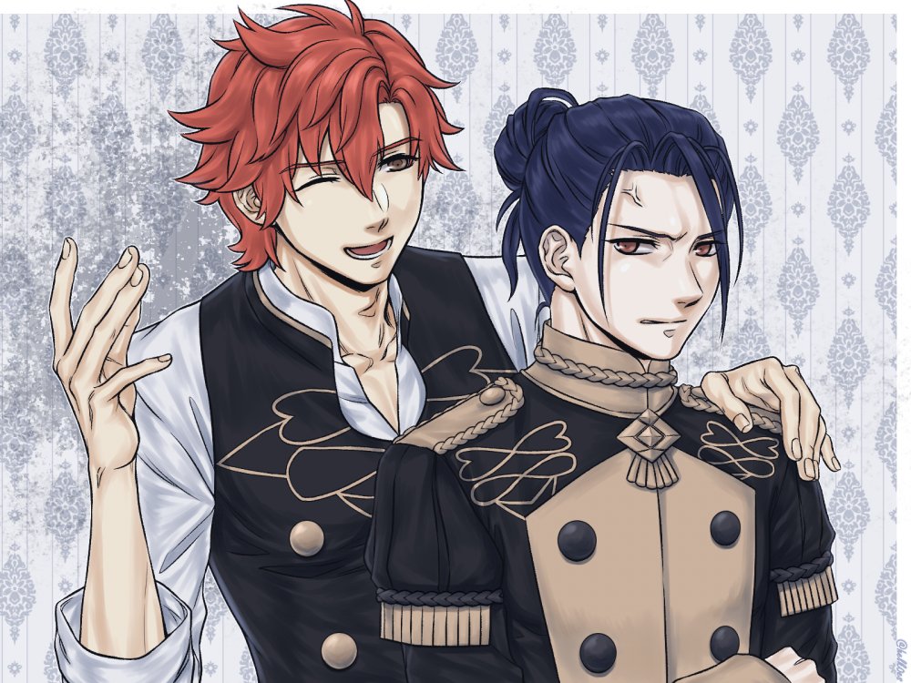 2boys anger_vein black_hair brown_eyes crossed_arms epaulettes felix_hugo_fraldarius fire_emblem fire_emblem:_three_houses hair_bun helk0es male_focus multiple_boys one_eye_closed open_mouth orange_hair sylvain_jose_gautier teeth uniform upper_body