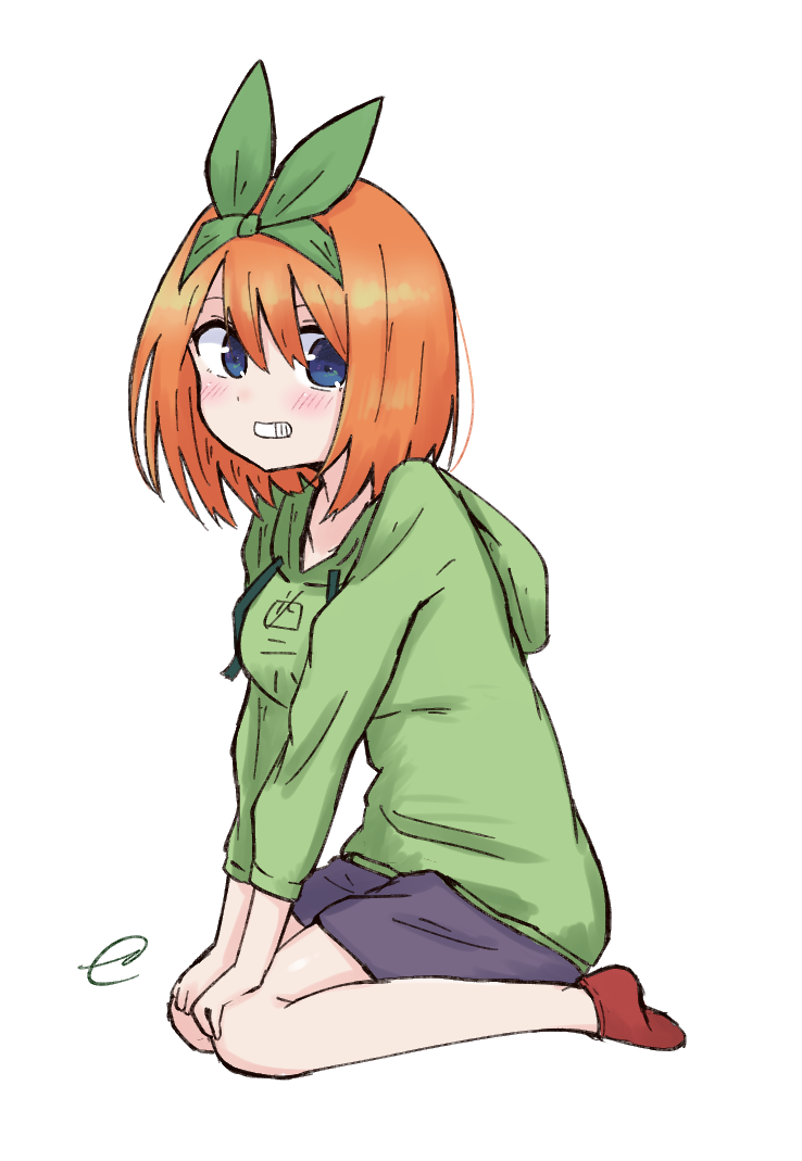 1girl ankle_socks bangs black_shorts blue_eyes blush breasts drawstring eyebrows_behind_hair go-toubun_no_hanayome green_hoodie green_ribbon grin hair_between_eyes hair_ribbon hood hood_down hoodie kujou_karasuma looking_at_viewer medium_breasts nakano_yotsuba no_shoes orange_hair red_legwear ribbon short_shorts shorts signature simple_background sitting smile solo wariza white_background