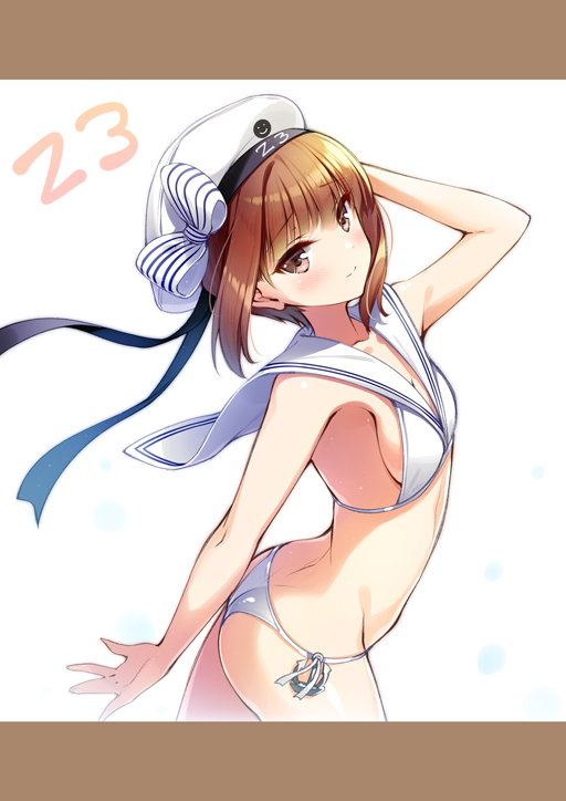 1girl arm_behind_head bangs bikini black_ribbon blush bow breasts brown_eyes brown_hair closed_mouth collarbone eyebrows_visible_through_hair hand_on_head hat hat_bow hat_ribbon huyukaaki kantai_collection looking_at_viewer number ribbon sailor_bikini sailor_collar shiny shiny_hair short_hair side-tie_bikini small_breasts smile solo standing striped striped_bow swimsuit white_background white_bikini white_bow white_headwear white_sailor_collar z3_max_schultz_(kantai_collection)