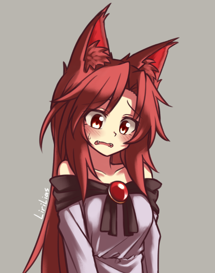 1girl animal_ear_fluff animal_ears bare_shoulders breasts brooch brown_hair commentary dress fangs imaizumi_kagerou jewelry lirilias long_hair long_sleeves open_mouth sweatdrop touhou wolf_ears worried