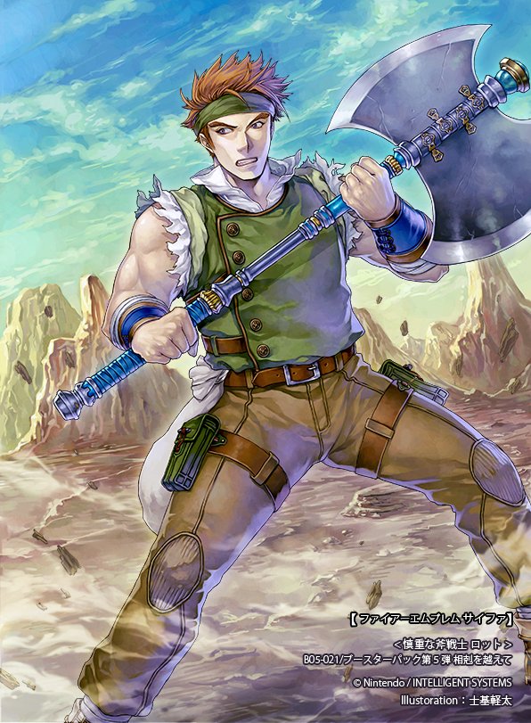 1boy artist_name axe bag belt bracelet fire_emblem fire_emblem:_the_binding_blade fire_emblem_cipher headband jewelry lot_(fire_emblem) male_focus mountain official_art orange_hair rock shiki_karuta sky solo teeth