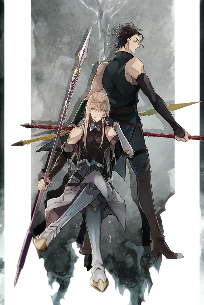 2boys armor armored_boots black_hair blonde_hair boots crossed_legs fate/grand_order fate_(series) fionn_mac_cumhaill_(fate/grand_order) from_behind gae_buidhe gae_dearg green_eyes hair_between_eyes holding holding_weapon lancer_(fate/zero) long_hair looking_at_viewer male_focus mole mole_under_eye multiple_boys polearm rata_to short_hair sitting smile spear standing thigh-highs thigh_boots toned weapon