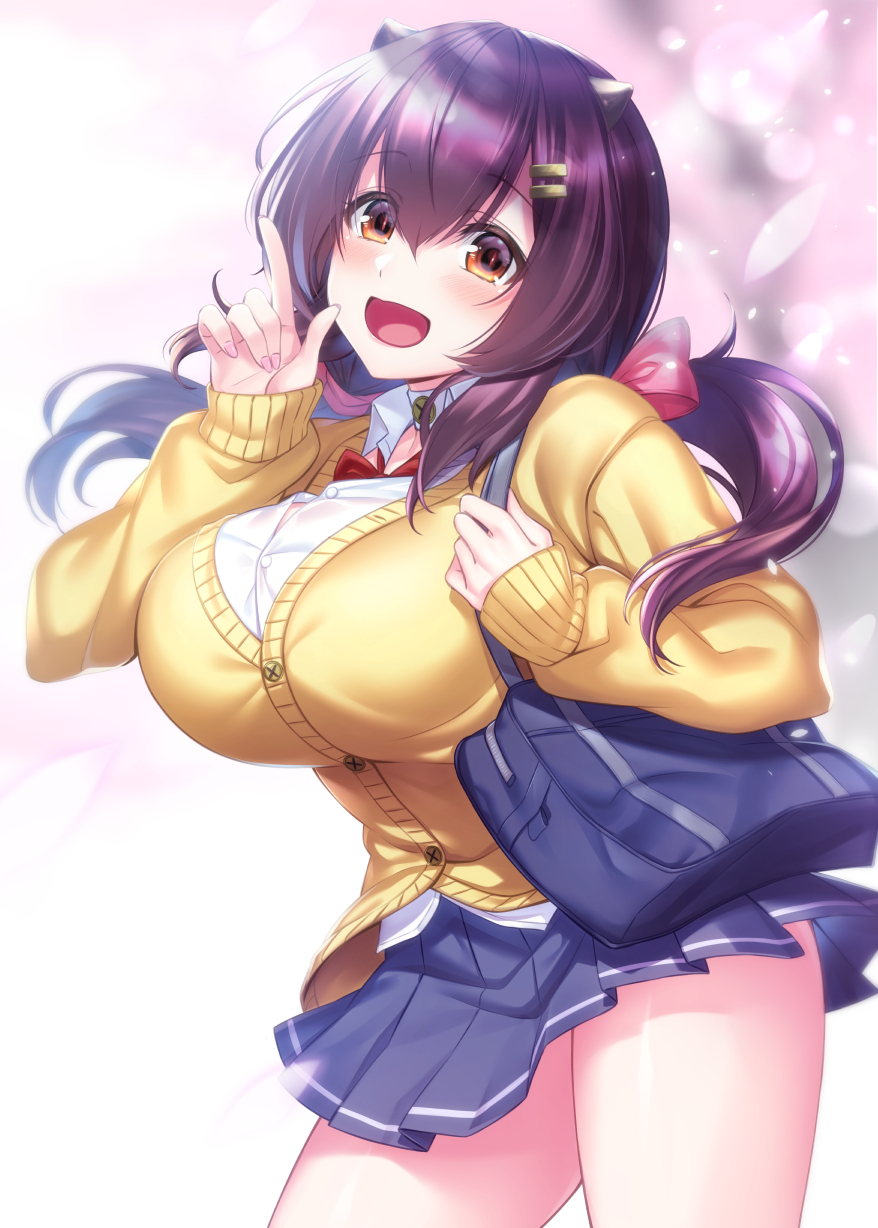 1girl :d azur_lane bag black_hair blue_skirt blush bow bowtie breasts brown_eyes cardigan commentary_request eyebrows_visible_through_hair hair_between_eyes hair_ornament hairclip highres ken_ill large_breasts long_hair long_sleeves looking_at_viewer low_twintails nagara_(azur_lane) oni_horns open_mouth pink_nails pleated_skirt pointing red_neckwear school_bag school_uniform shirt shoulder_bag simple_background skirt smile solo thighs twintails white_background white_shirt