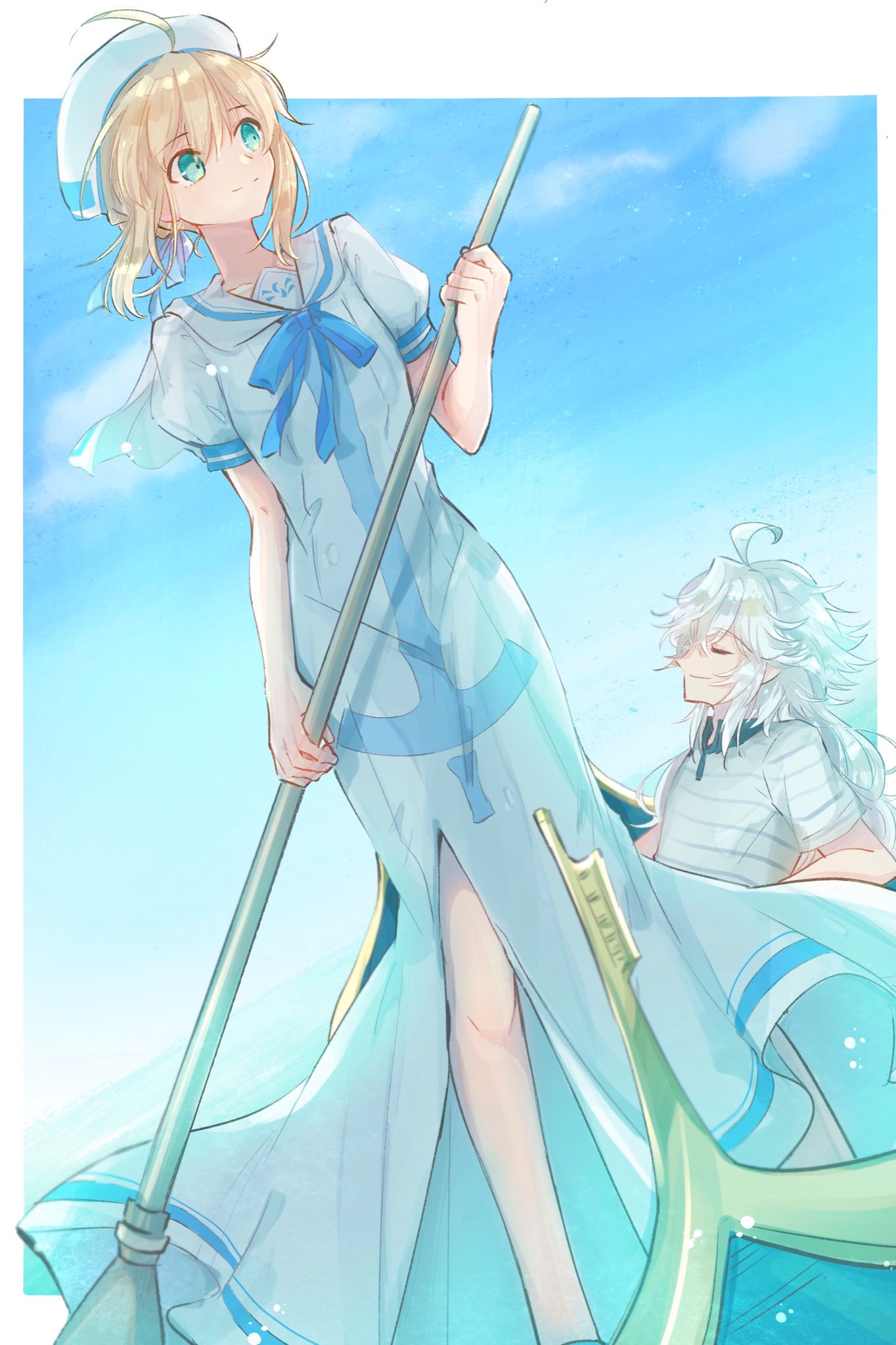 1boy 1girl ahoge aria artoria_pendragon_(all) blonde_hair blue_ribbon blue_sky closed_eyes closed_mouth cosplay day dress dutch_angle fate_(series) floating_hair gondola hat highres holding long_dress merlin_(fate) mizunashi_akari mizunashi_akari_(cosplay) nayu_tundora neck_ribbon outdoors ribbon saber sailor_collar sailor_dress shiny shiny_hair shirt short_hair short_sleeves side_slit silver_hair sky standing striped striped_shirt white_dress white_headwear white_sailor_collar white_shirt