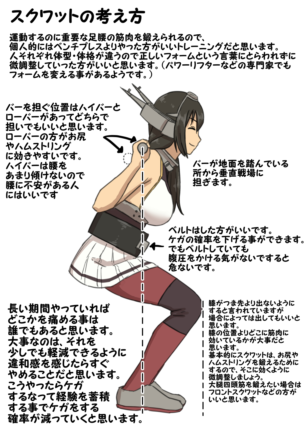 1girl bare_shoulders belt black_hair breasts closed_eyes commentary_request directional_arrow exercise from_side headgear highres kantai_collection large_breasts miniskirt misumi_(niku-kyu) nagato_(kantai_collection) pleated_skirt skirt smile solo translation_request weightlifting_belt