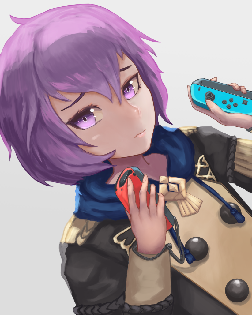 1girl bernadetta_von_varley commentary_request fire_emblem fire_emblem:_three_houses hands_up hiyuchimaki holding_controller joy-con looking_at_viewer purple_hair short_hair simple_background solo upper_body violet_eyes