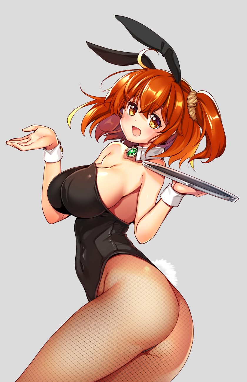 1girl ahoge animal_ears ass black_leotard breasts bunny_girl bunny_tail bunnysuit cowboy_shot detached_collar fate/grand_order fate_(series) fishnet_pantyhose fishnets fujimaru_ritsuka_(female) grey_background highres large_breasts leotard one_side_up orange_eyes orange_hair pantyhose rabbit_ears ruri_rarako short_hair side_ponytail simple_background smile solo standing strapless strapless_leotard tail tray wrist_cuffs