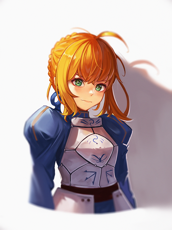 1girl armor artoria_pendragon_(all) bangs blonde_hair blue_ribbon braid commentary_request fate/stay_night fate_(series) green_eyes hair_ribbon looking_at_viewer moth1 puffy_sleeves ribbon saber short_hair sidelocks simple_background smile solo white_background