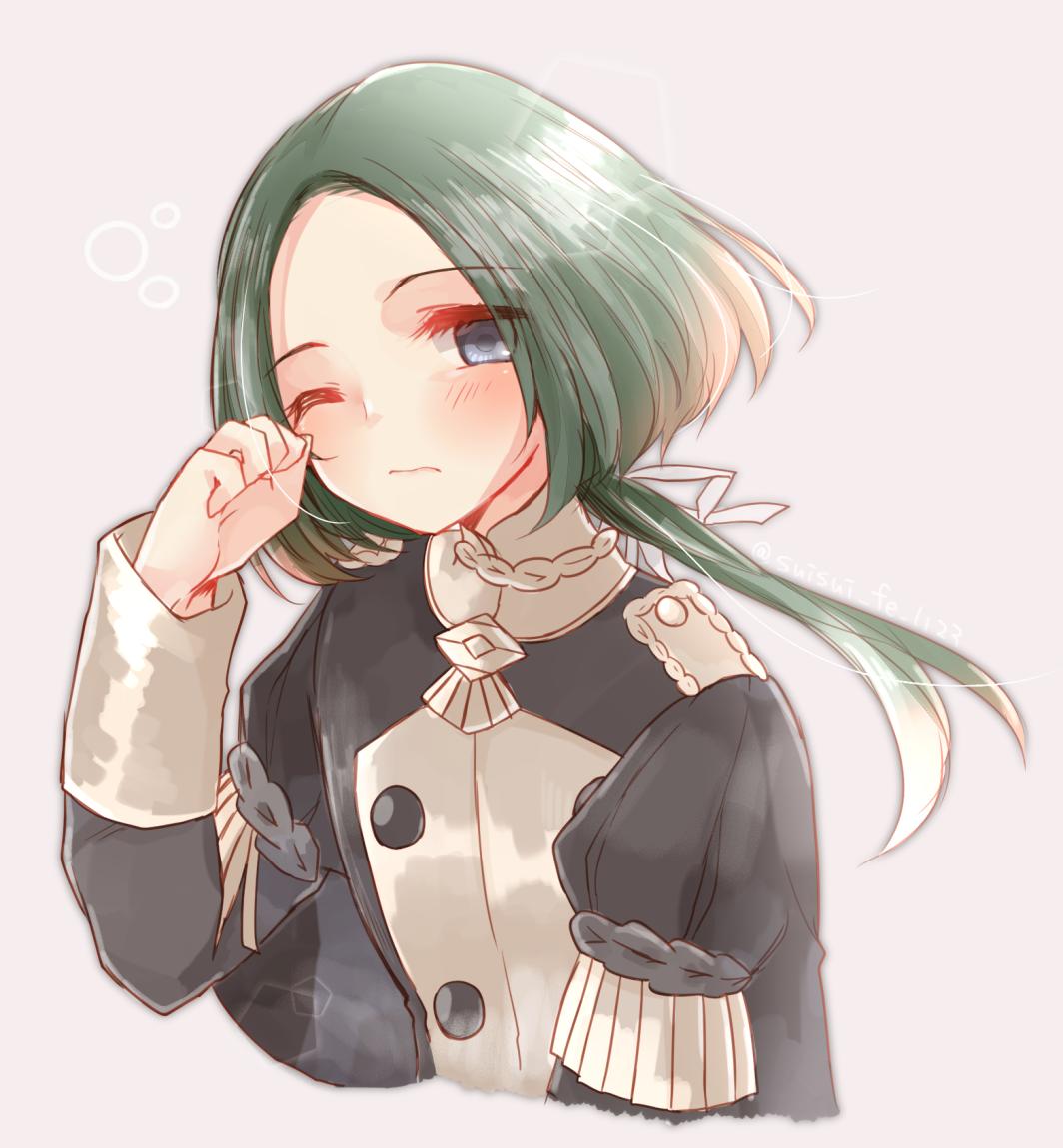 1boy artist_name blue_eyes blush epaulettes fire_emblem fire_emblem:_three_houses green_hair grey_background linhardt_von_hevring long_hair low_ponytail male_focus one_eye_closed sleepy solo suisui_fe_1123 upper_body