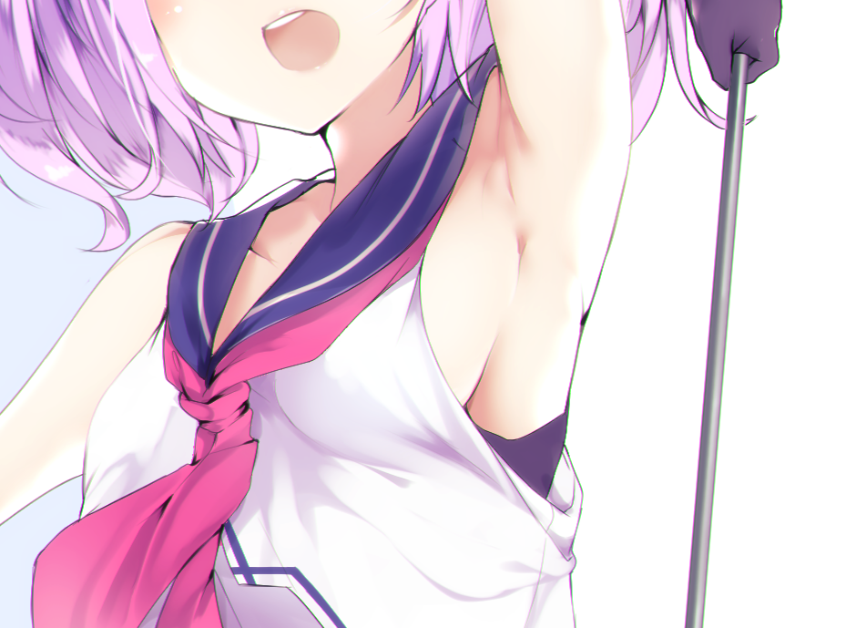 1girl :d armpits arms_up azur_lane bare_shoulders breasts commentary cravat dress gloves javelin_(azur_lane) long_hair neck_ribbon open_mouth polearm purple_gloves purple_hair purple_sailor_collar ribbon sailor_collar school_uniform serafuku simple_background small_breasts smile solo suwakana weapon