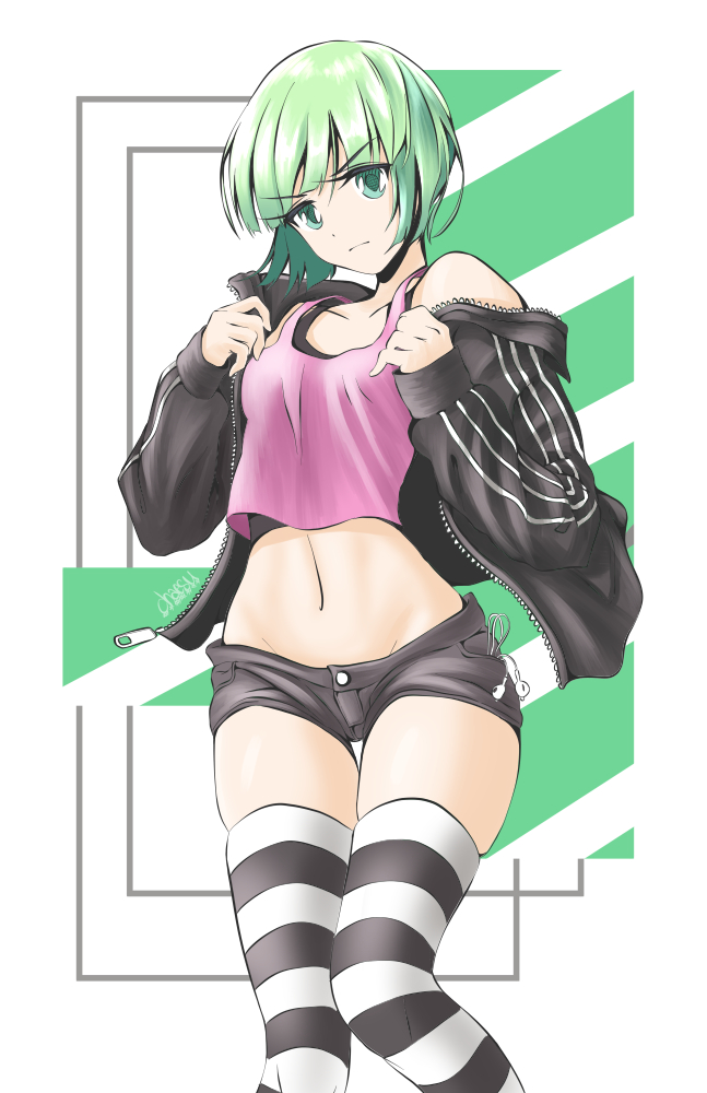 1girl breasts camisole chaesu crop_top earphones earphones green_eyes green_hair jacket looking_at_viewer midriff navel off-shoulder_jacket off_shoulder phonon_(under_night_in-birth) short_hair short_shorts shorts small_breasts solo striped striped_legwear thigh-highs thigh_gap track_jacket under_night_in-birth under_night_in-birth_exe:late[st]