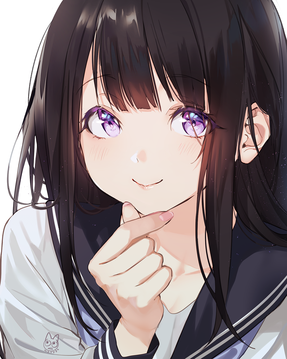 1girl artist_name bangs black_hair blunt_bangs blush chitanda_eru closed_mouth collarbone commentary_request finger_to_chin fingernails hair_between_eyes hand_up highres holding hyouka long_hair long_sleeves looking_at_viewer mery_(apfl0515) neckerchief portrait sailor_collar school_uniform serafuku shirt sidelocks simple_background smile solo violet_eyes watermark white_background white_shirt