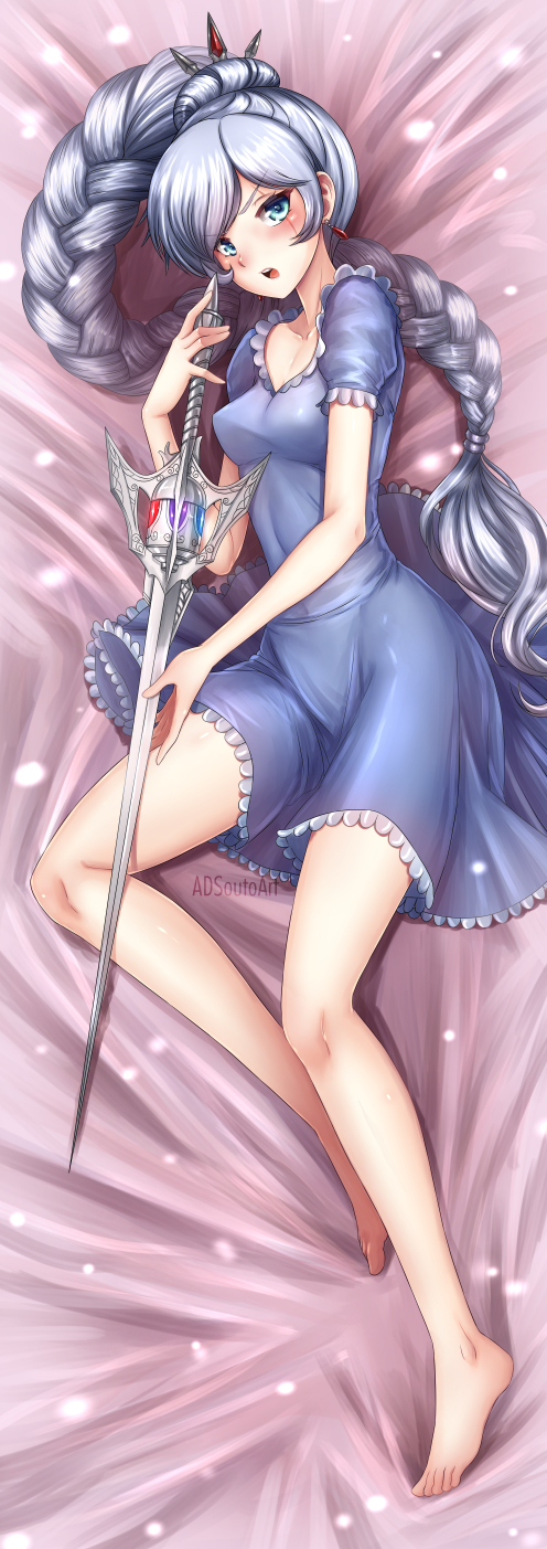 1girl artist_name bangs barefoot bed_sheet blue_dress blue_eyes braided_ponytail breasts collarbone covered_nipples dakimakura dress frilled_dress frills from_above full_body hair_ornament highres holding holding_sword holding_weapon long_hair lying on_side open_mouth ponytail rwby scar scar_across_eye short_dress silver_hair small_breasts solo swept_bangs sword very_long_hair weapon weiss_schnee