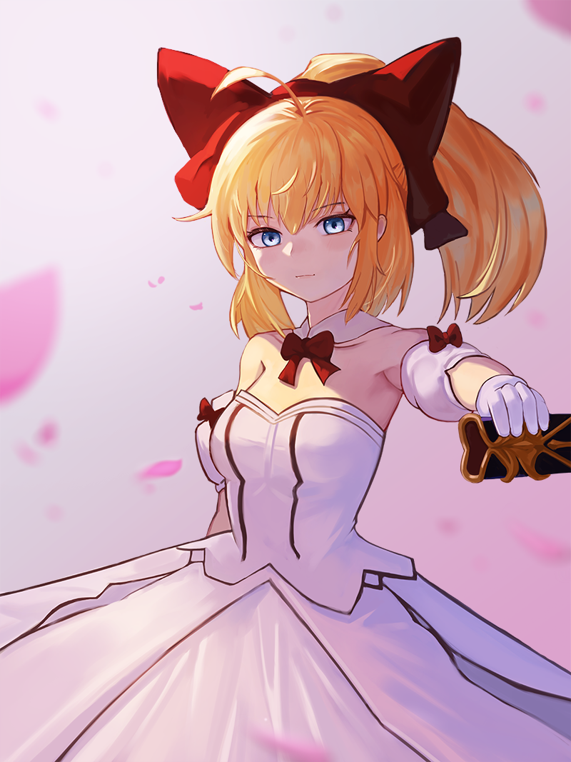 1girl ahoge artoria_pendragon_(all) bare_shoulders blonde_hair blue_eyes bow breasts collarbone commentary_request detached_collar dress fate/stay_night fate_(series) hair_bow holding large_bow leaf looking_at_viewer medium_breasts moth1 ponytail red_bow saber_lily sleeveless sleeveless_dress solo strapless strapless_dress white_dress