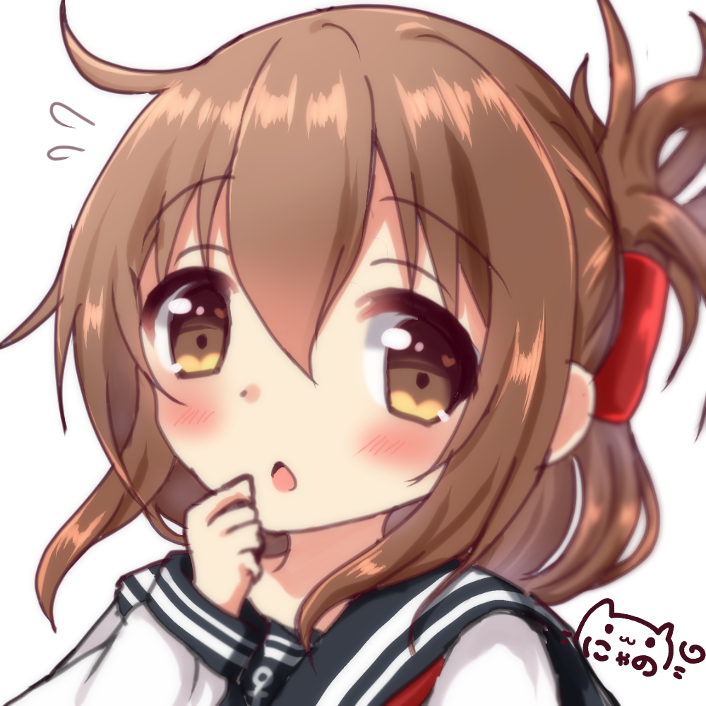 1girl anchor_symbol bangs black_sailor_collar blush brown_eyes brown_hair chestnut_mouth commentary_request eyebrows_visible_through_hair flying_sweatdrops folded_ponytail hair_between_eyes hand_up inazuma_(kantai_collection) kantai_collection long_hair long_sleeves nyano21 parted_lips sailor_collar school_uniform serafuku shirt signature simple_background sleeves_past_wrists solo upper_body white_background white_shirt