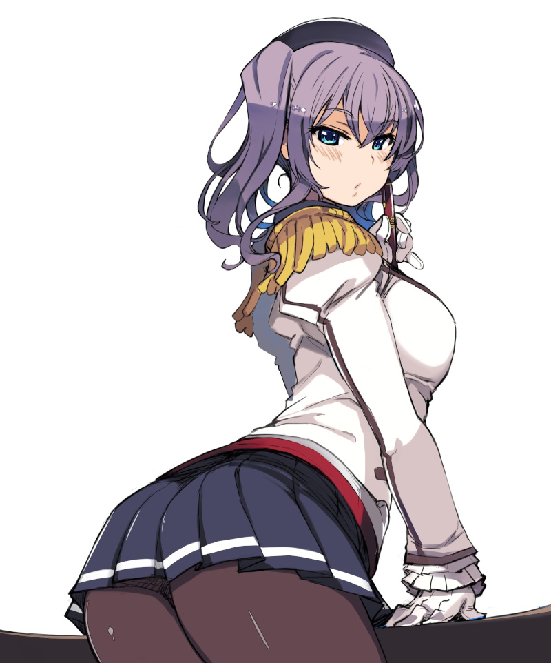 1girl black_skirt blue_eyes blush breasts brown_legwear epaulettes eyebrows_visible_through_hair from_behind gloves hair_between_eyes holding holding_pen jacket kantai_collection kashima_(kantai_collection) large_breasts looking_at_viewer looking_back military_jacket pantyhose pen pleated_skirt puckered_lips purple_hair skirt solo twintails white_gloves white_jacket xration