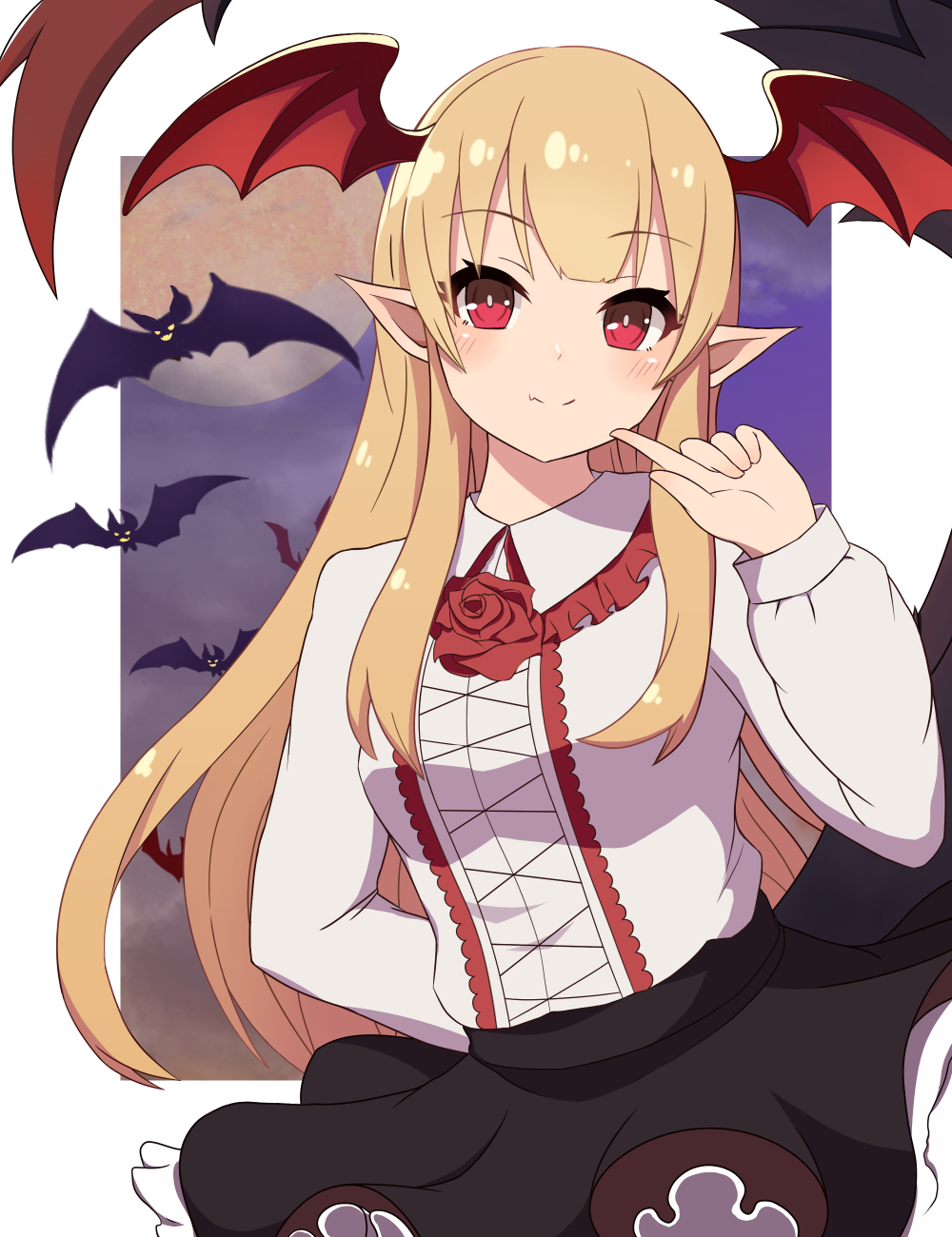 1girl animal arm_behind_back bat bat_wings black_skirt blonde_hair blush border bright_pupils closed_mouth collared_shirt disconnected_mouth eyebrows_visible_through_hair fang fang_out finger_to_cheek flower frilled_skirt frills granblue_fantasy haruno_kanon head_wings highres long_hair long_sleeves looking_at_viewer moon outside_border pointy_ears red_eyes red_flower red_rose rose shirt skin_fang skirt smile solo upper_body vampy white_border white_shirt wings