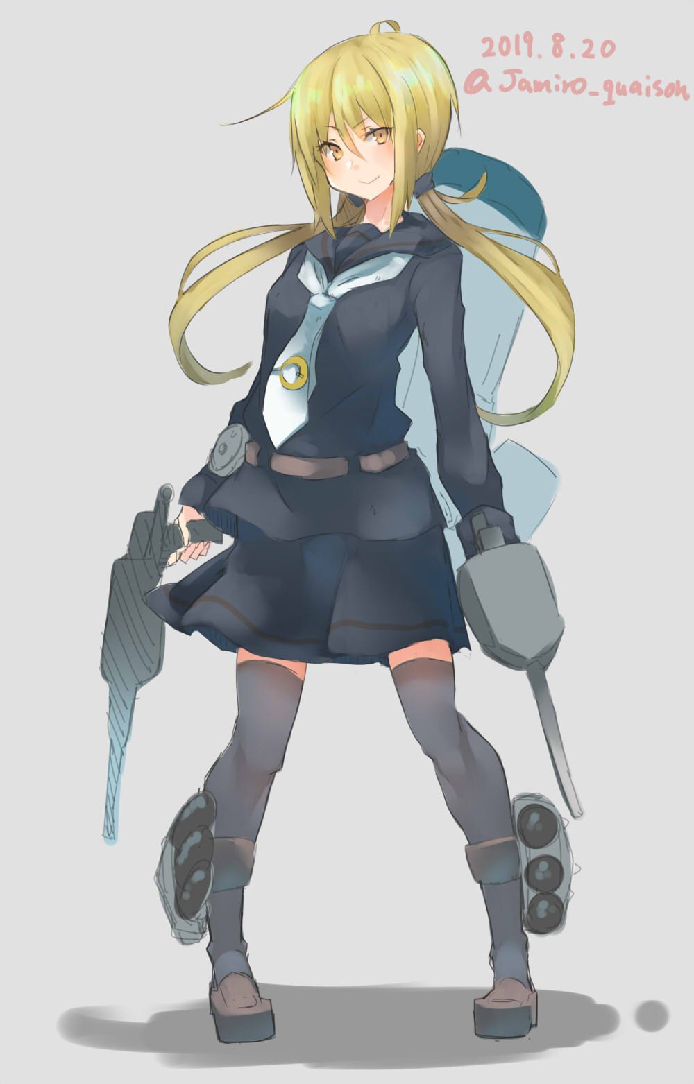 1girl adapted_turret black_legwear black_serafuku blonde_hair brown_footwear cannon commentary_request crescent crescent_moon_pin dated dual_wielding full_body grey_background highres holding jamiro_quaison kantai_collection loafers long_hair looking_at_viewer machinery necktie satsuki_(kantai_collection) school_uniform serafuku shoes simple_background smokestack solo standing thigh-highs turret twintails twitter_username white_neckwear