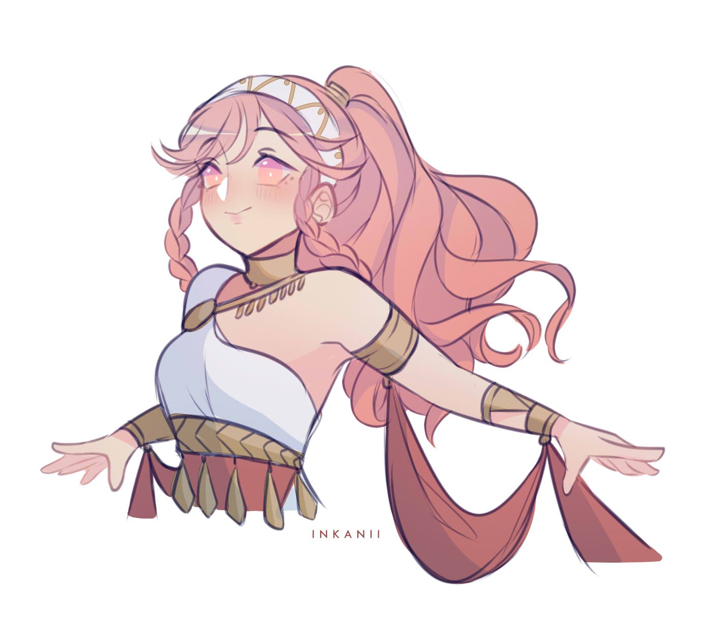 1girl alternate_costume artist_name braid closed_mouth dancer fire_emblem fire_emblem:_three_houses fire_emblem_awakening hairband highres inkanii long_hair olivia_(fire_emblem) pink_eyes pink_hair ponytail simple_background smile solo twin_braids upper_body white_background