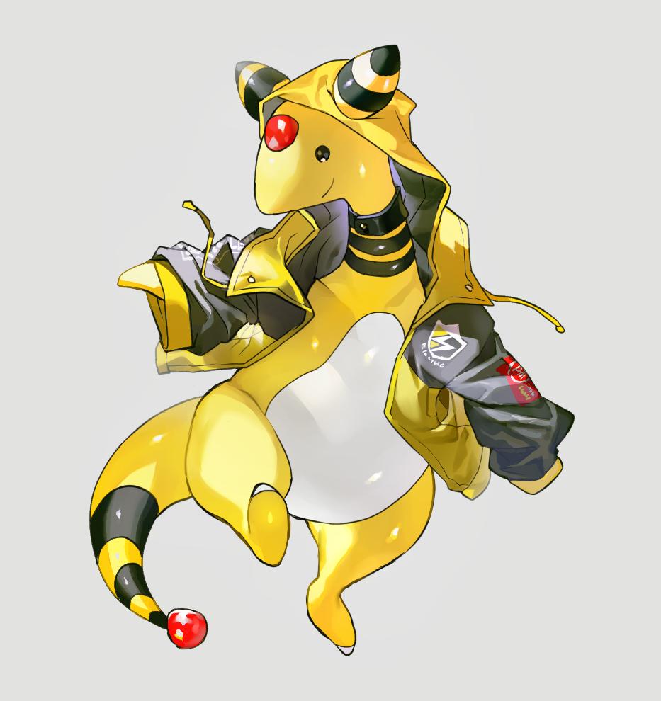 ampharos closed_mouth clothed_pokemon commentary_request drawstring forehead_jewel full_body gen_2_pokemon grey_background happy hood hoodie jacket jpeg_artifacts leg_up lightning_bolt long_sleeves newo_(shinra-p) no_humans open_clothes open_jacket pokemon pokemon_(creature) shiny shiny_skin simple_background sleeves_past_wrists smile solo standing standing_on_one_leg yellow_jacket