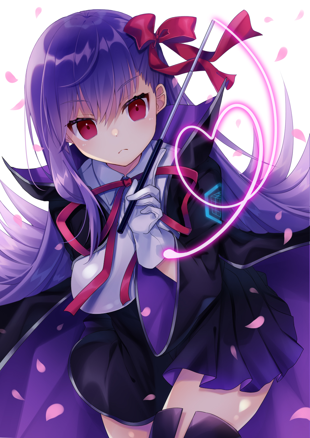 1girl bb_(fate)_(all) bb_(fate/extra_ccc) blank_eyes breasts eyebrows_visible_through_hair fate/extra fate/extra_ccc fate/grand_order fate_(series) gloves hair_ribbon highres holding holding_wand kusada_souta large_breasts long_hair long_sleeves looking_at_viewer purple_hair red_ribbon ribbon solo violet_eyes wand white_gloves