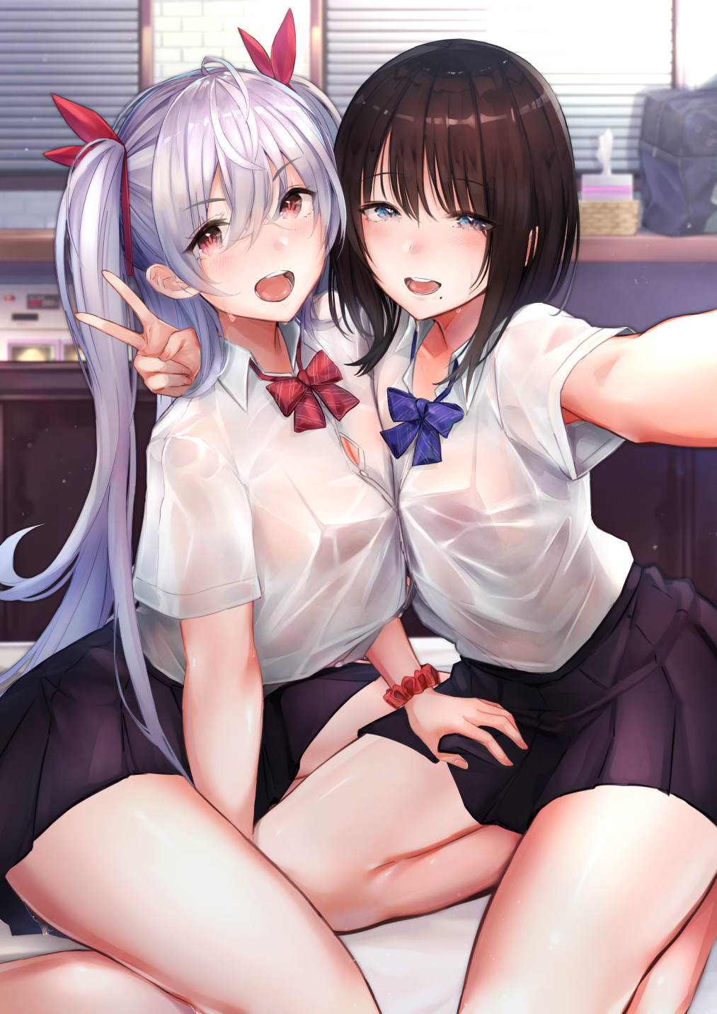 2girls :d ahoge bangs blue_eyes blue_neckwear blush bow bowtie breasts brown_hair eyebrows_visible_through_hair hair_between_eyes hair_ornament hair_ribbon half-closed_eyes highres indoors kneeling large_breasts long_hair looking_at_viewer mappaninatta medium_breasts mole mole_under_mouth multiple_girls open_mouth original pleated_skirt red_eyes red_neckwear ribbon school_uniform scrunchie self_shot shirt short_hair short_sleeves sidelocks silver_hair skirt smile thighs two_side_up v wet white_shirt window wrist_scrunchie