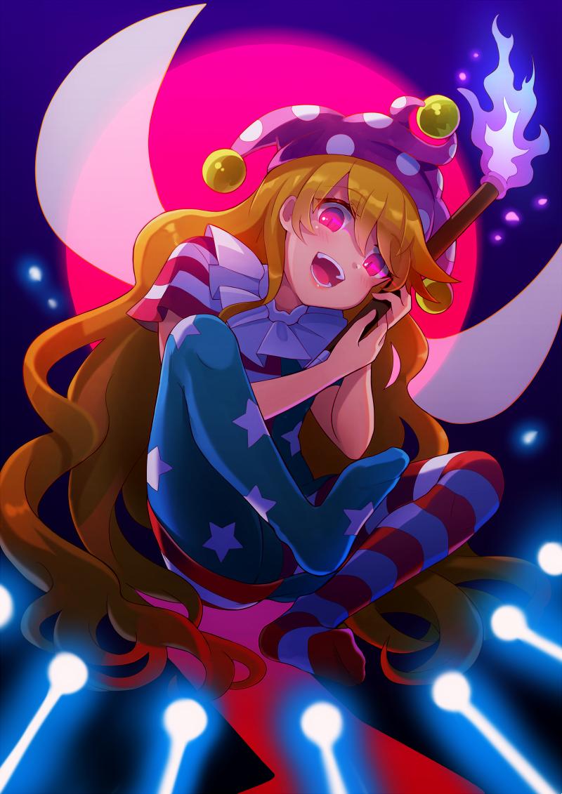 1girl 60mai :d american_flag_dress american_flag_legwear bangs blonde_hair blue_dress blue_legwear clownpiece commentary danmaku dress eyebrows_visible_through_hair fairy_wings glowing glowing_eyes hair_between_eyes hands_up hat holding holding_torch jester_cap knee_up laser long_hair looking_at_viewer neck_ruff open_mouth pantyhose pink_eyes polka_dot polka_dot_hat purple_background purple_headwear red_dress red_legwear short_sleeves smile solo star star_print striped striped_dress striped_legwear torch touhou very_long_hair white_dress white_legwear wings