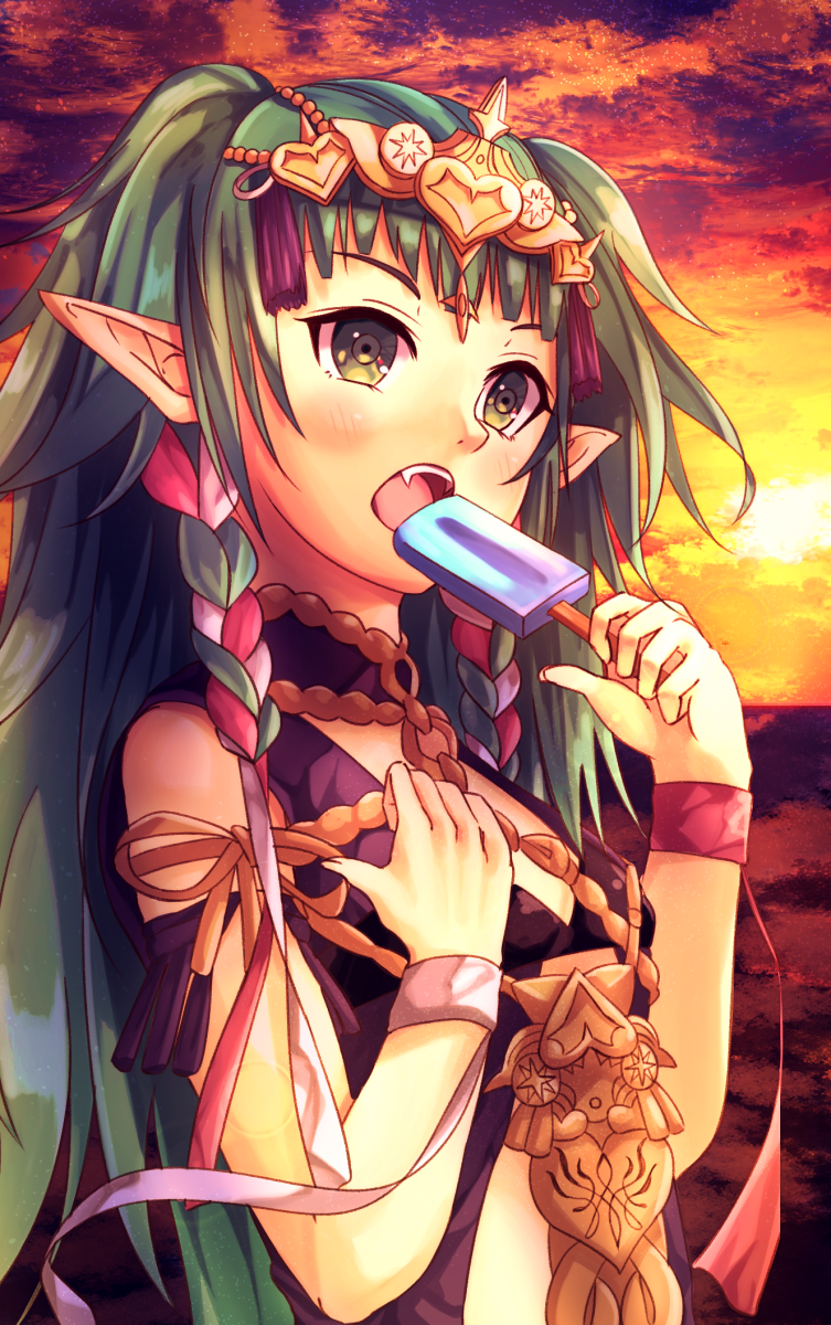 1girl braid fire_emblem fire_emblem:_three_houses food fuussu_(21-kazin) green_eyes green_hair hair_ornament highres holding long_hair manakete open_mouth pointy_ears popsicle solo sothis_(fire_emblem) tiara twin_braids upper_body