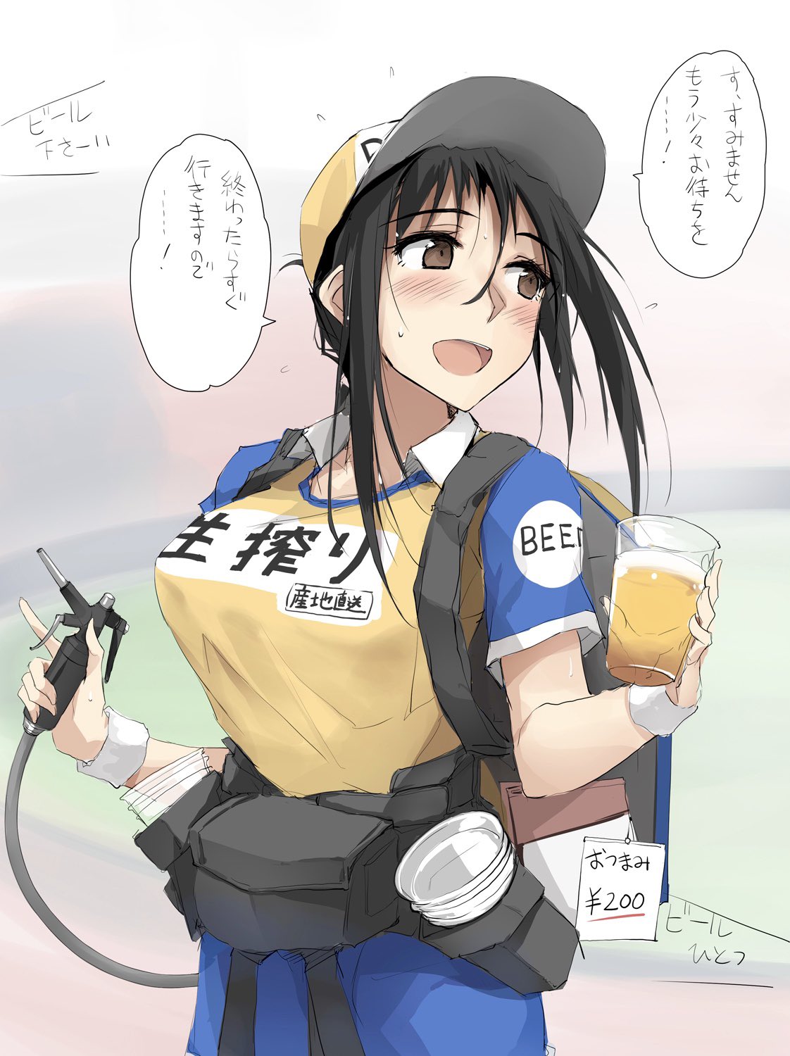 alcohol alternate_costume baseball_cap beer black_hair blush breasts brown_eyes commentary_request cowboy_shot cup hat highres holding holding_cup kitano_(zekkyon) large_breasts looking_to_the_side original shirt short_sleeves translated zekkyon