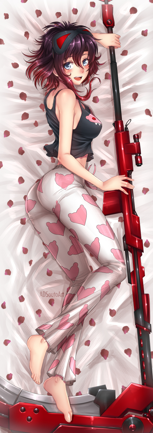 1girl :d adsouto barefoot bed_sheet black_hair black_shirt blue_eyes blush breasts dakimakura from_above full_body gradient_hair hair_between_eyes heart heart_print highres long_hair looking_at_viewer lying medium_breasts multicolored_hair on_side open_mouth pants petals print_pants redhead rose_petals ruby_rose rwby scythe shiny shiny_hair shiny_skin shirt sleeveless sleeveless_shirt smile solo stomach white_pants