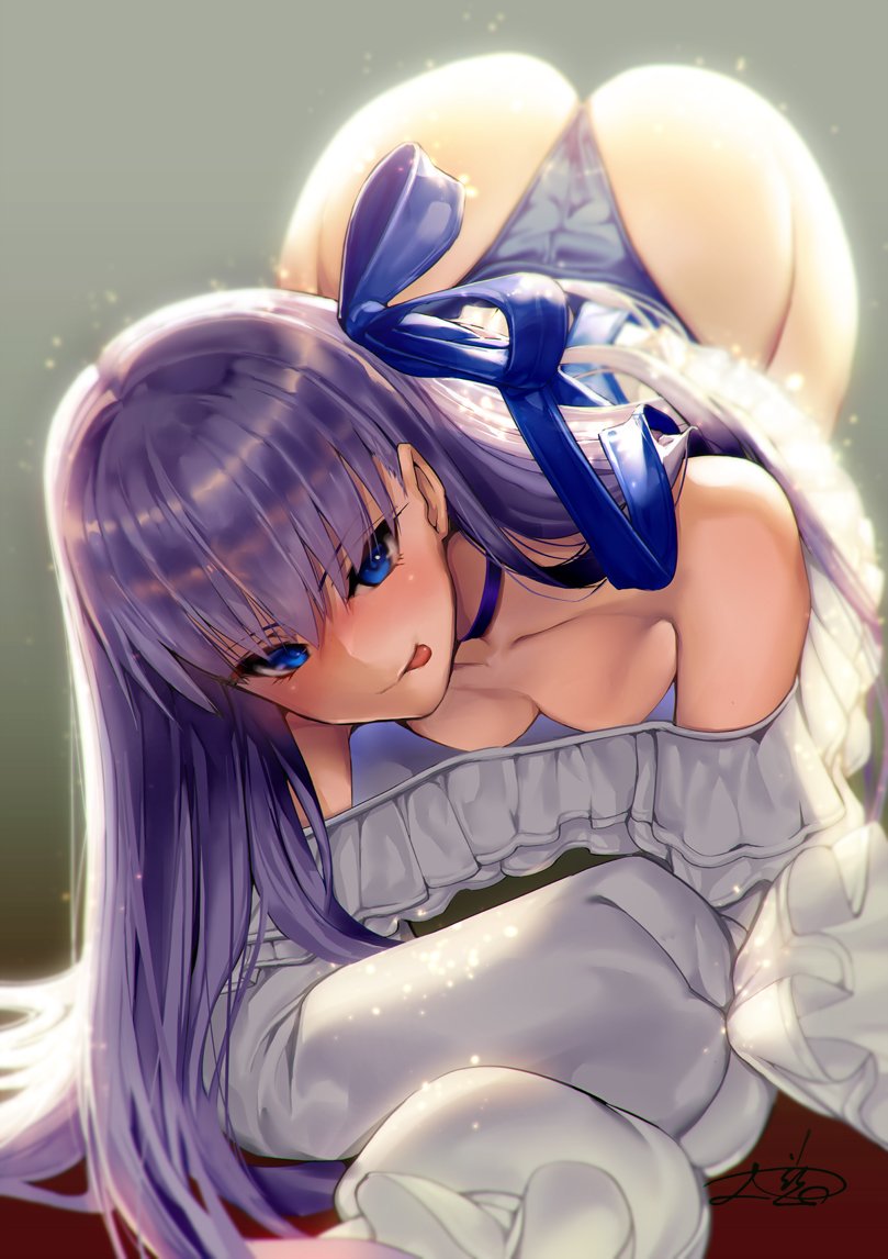 1girl all_fours ass backlighting bangs bare_shoulders blue_eyes blue_swimsuit blush breasts choker closed_mouth fate/grand_order fate_(series) frills hair_between_eyes highleg highleg_swimsuit long_hair long_sleeves looking_at_viewer meltryllis meltryllis_(swimsuit_lancer)_(fate) one-piece_swimsuit purple_hair ribbon satou_daiji sleeves_past_fingers sleeves_past_wrists small_breasts smile solo swimsuit top-down_bottom-up very_long_hair