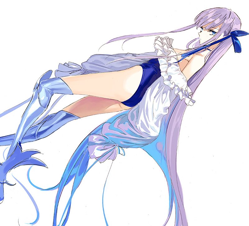 1girl bare_shoulders blue_bow blue_eyes bow choker fate/grand_order fate_(series) flat_chest frills hair_bow long_hair looking_to_the_side meltryllis meltryllis_(swimsuit_lancer)_(fate) one-piece_swimsuit pako prosthesis prosthetic_leg purple_hair simple_background sleeves_past_wrists solo swimsuit very_long_hair white_background