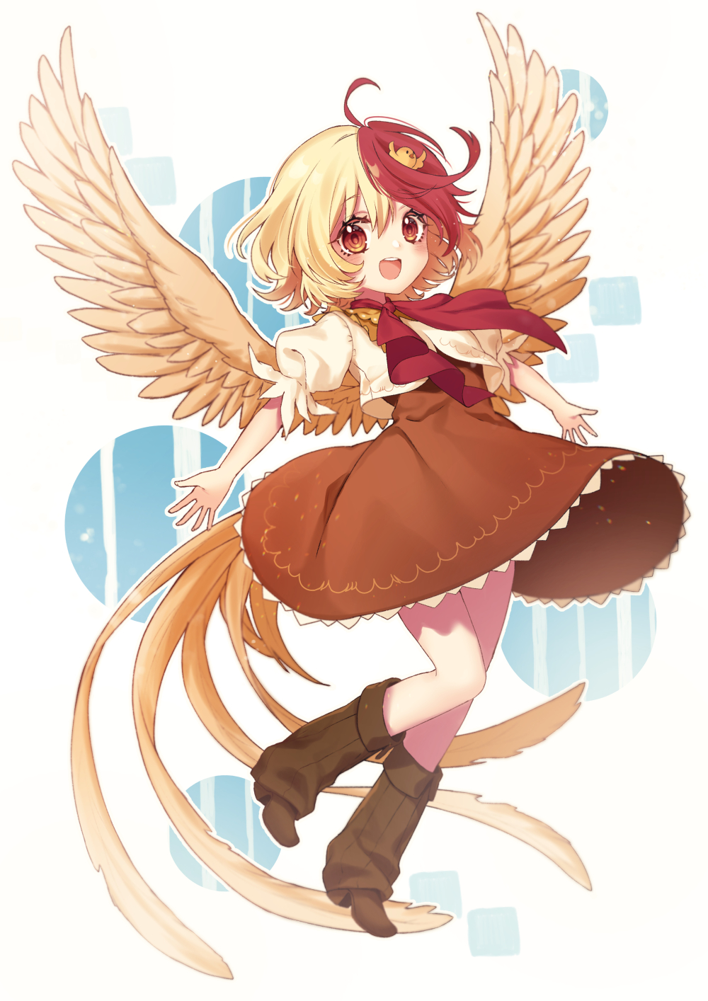 1girl :d ahoge animal animal_on_head bangs bird blonde_hair blush boots brown_dress brown_footwear chick commentary_request dress eyebrows_visible_through_hair feathered_wings full_body hair_between_eyes highres kyouda_suzuka looking_at_viewer multicolored_hair niwatari_kutaka on_head open_mouth puffy_short_sleeves puffy_sleeves red_eyes red_neckwear redhead shirt short_dress short_hair short_sleeves smile solo tail_feathers touhou two-tone_hair white_background white_shirt wings yellow_wings