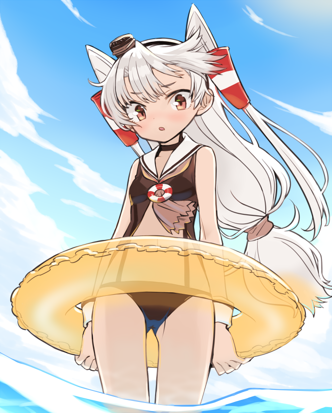 1girl amatsukaze_(kantai_collection) ass_visible_through_thighs blue_sky brown_swimsuit casual_one-piece_swimsuit clouds cowboy_shot day from_below hair_tubes innertube kantai_collection long_hair monaka_ooji one-piece_swimsuit outdoors sailor_collar sailor_swimsuit silver_hair sky soaking_feet solo standing swimsuit two_side_up water white_sailor_collar windsock