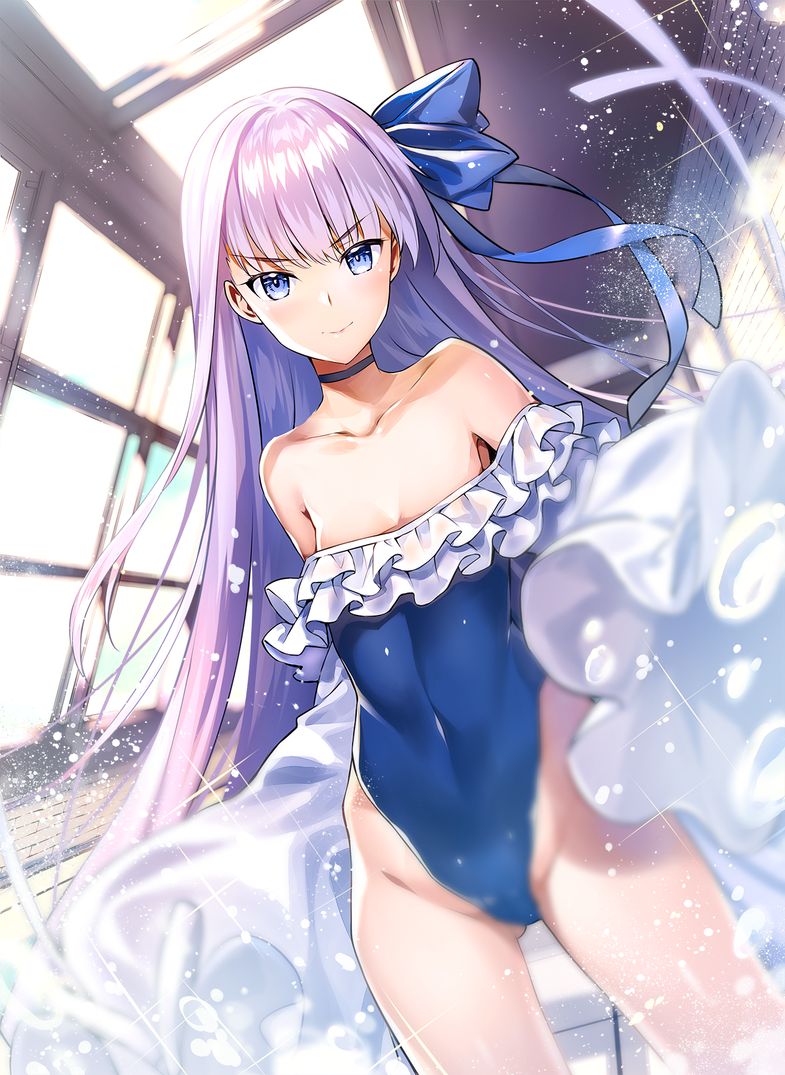 1girl bangs bare_shoulders blue_eyes blush breasts choker collarbone eyebrows_visible_through_hair fate_(series) hair_between_eyes indoors long_hair long_sleeves looking_at_viewer meltryllis meltryllis_(swimsuit_lancer)_(fate) purple_hair rei_(rei's_room) ribbon sleeves_past_fingers sleeves_past_wrists smile solo swimsuit very_long_hair