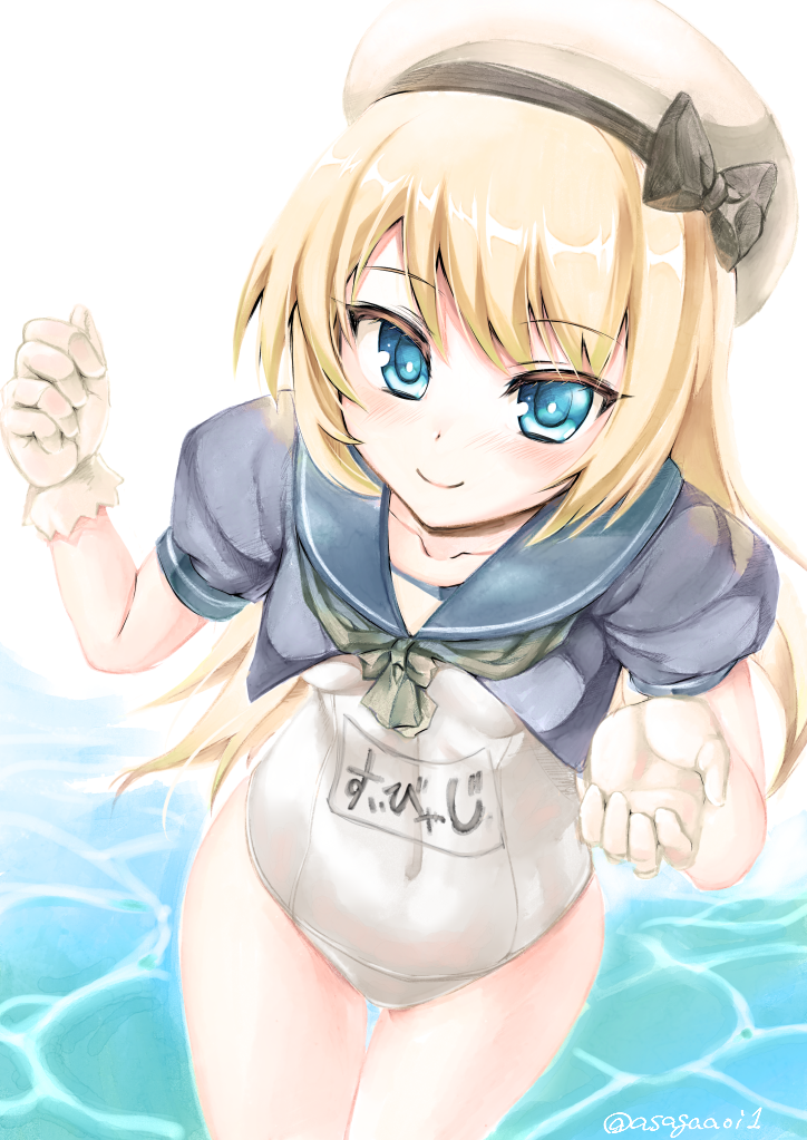 1girl asaga_aoi blonde_hair blue_eyes blue_sailor_collar commentary_request cowboy_shot gloves hat jervis_(kantai_collection) kantai_collection long_hair looking_at_viewer name_tag sailor_collar sailor_hat school_swimsuit short_sleeves smile solo swimsuit water white_background white_gloves white_headwear white_school_swimsuit white_swimsuit