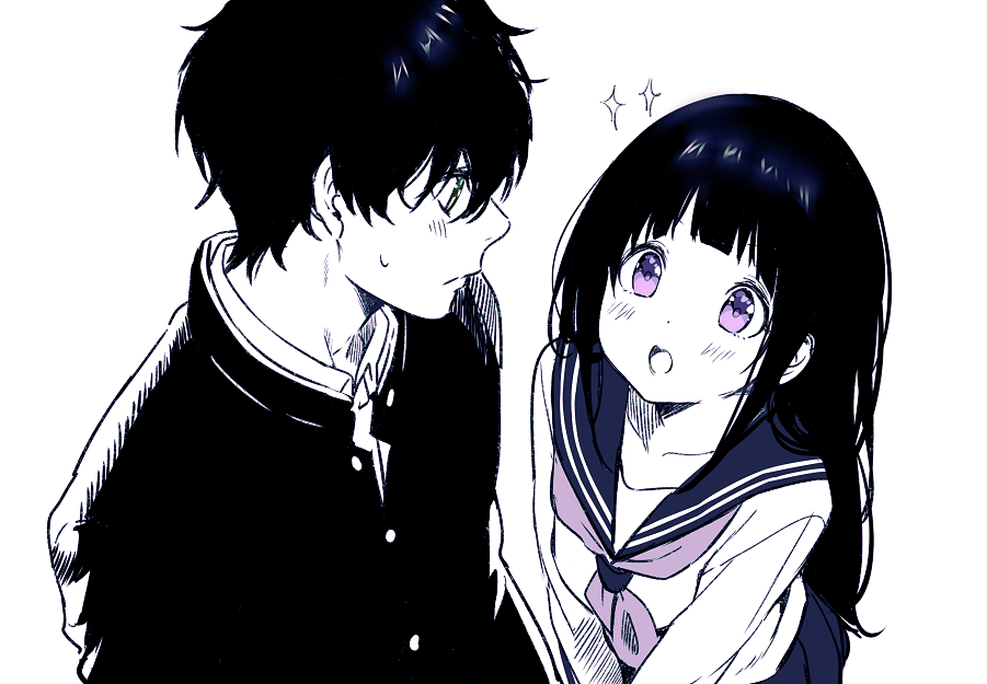 1boy 1girl :d blush closed_mouth eye_contact gakuran green_eyes hyouka jacket long_hair looking_at_another mery_(apfl0515) monochrome neckerchief open_mouth pleated_skirt profile purple_neckwear sailor_collar school_uniform serafuku shirt simple_background skirt smile sparkle spot_color sweat very_long_hair violet_eyes white_background