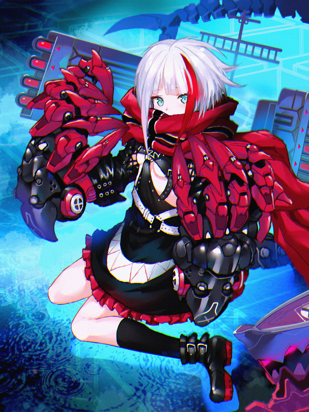 1girl admiral_graf_spee_(azur_lane) azur_lane bangs black_dress black_footwear black_legwear blue_eyes boots breasts claws commentary dress highres iron_cross looking_at_viewer mechanical_arms multicolored_hair rigging scarf scarf_over_mouth sidelocks small_breasts socks solo streaked_hair t90t80 under_boob white_hair