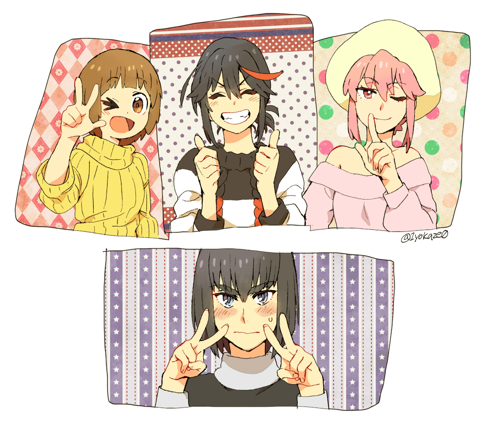 4girls ;) ;d ^_^ argyle argyle_background bangs black_hair blue_eyes blush brown_eyes brown_hair cable_knit casual clenched_teeth closed_eyes double_v embarrassed eyebrows_visible_through_hair finger_to_mouth fingernails floral_background grin happy hat jakuzure_nonon kazaya kill_la_kill kiryuuin_satsuki long_sleeves looking_at_viewer mankanshoku_mako matoi_ryuuko multicolored_hair multiple_girls nervous off_shoulder one_eye_closed open_mouth pink_background pink_eyes pink_hair pink_shirt polka_dot polka_dot_background redhead shirt short_hair siblings simple_background sisters smile star starry_background streaked_hair striped striped_background sweatdrop sweater teeth thick_eyebrows thumbs_up turtleneck twitter_username v v-shaped_eyebrows wavy_mouth white_background yellow_sweater