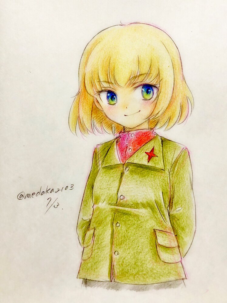1girl arms_behind_back bangs blonde_hair blue_eyes closed_mouth colored_pencil_(medium) commentary cropped_torso dated eyebrows_visible_through_hair girls_und_panzer green_jacket insignia jacket katyusha long_sleeves pravda_school_uniform q-bee_(aaru) red_shirt school_uniform shirt short_hair smile solo standing traditional_media turtleneck twitter_username upper_body