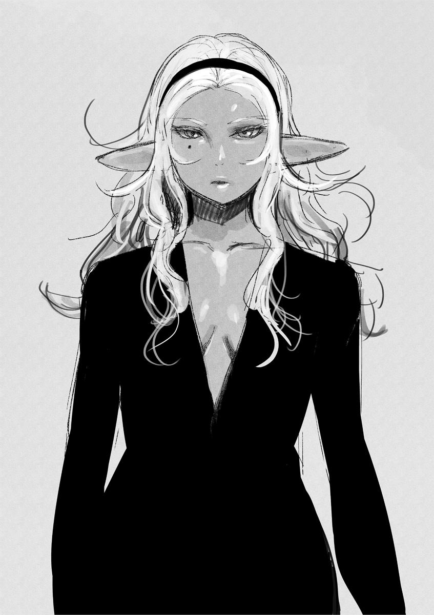 1girl alternate_costume bangs breasts commentary dark_elf dark_skin elf elf-san_wa_yaserarenai. english_commentary fashion forehead hairband highres kuroeda-san long_hair looking_at_viewer mole mole_under_eye monochrome no_bra parted_bangs plunging_neckline pointy_ears solo standing synecdoche